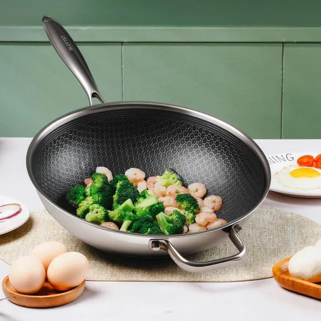 Alt view image 6 of 7 - Hybrid 12-Inch Wok with Steamer,Nonstick Stainless Steel Woks & Stir-fry pans with Lid,Stay-Cool Handle,PFOA Free Cookware,Dishwasher and Oven Safe, Works on Induction