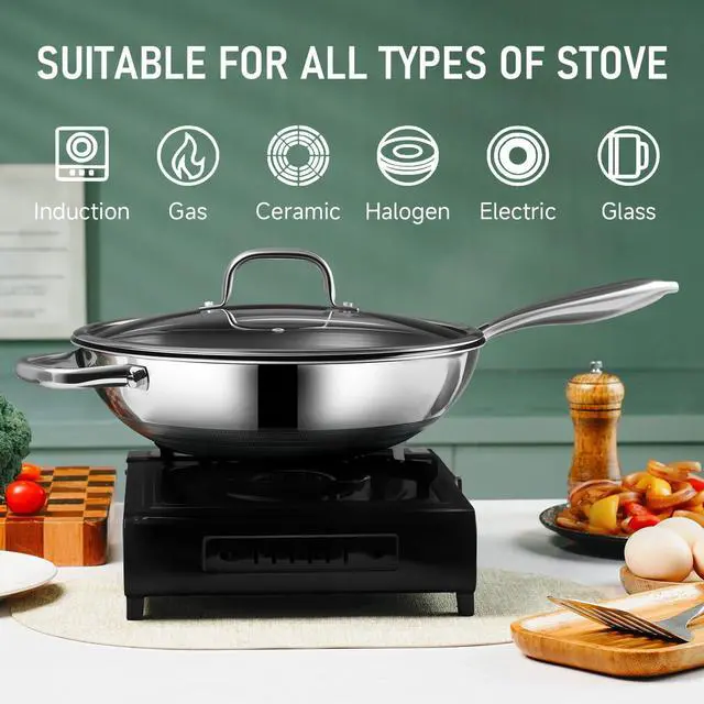 Alt view image 7 of 7 - Hybrid 12-Inch Wok with Steamer,Nonstick Stainless Steel Woks & Stir-fry pans with Lid,Stay-Cool Handle,PFOA Free Cookware,Dishwasher and Oven Safe, Works on Induction