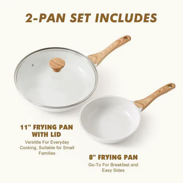 Alt view image 3 of 6 - Nonstick Frying Pan Skillets, White Ceramic Coating Omelette Pans, Healthy Cookware Chef's Pan, Free of PTFE & PFAS (8+11Inch with Lid)