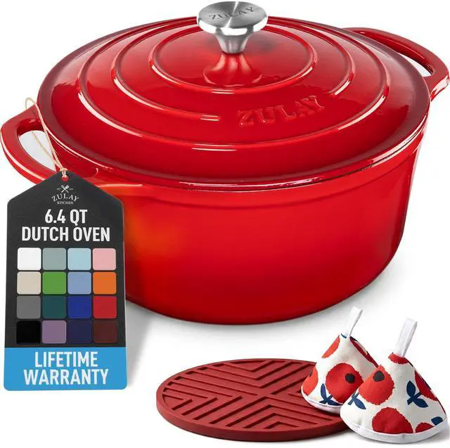 Main image of 6.4QT Enameled Cast Iron Dutch Oven Pot with Lid, Heat Pad & Trivet, Heavy-Duty Soup Pot for Stews, Braising, Roasting & Sourdough Bread Baking, Oven Safe up to 500°F - Ablaze Red