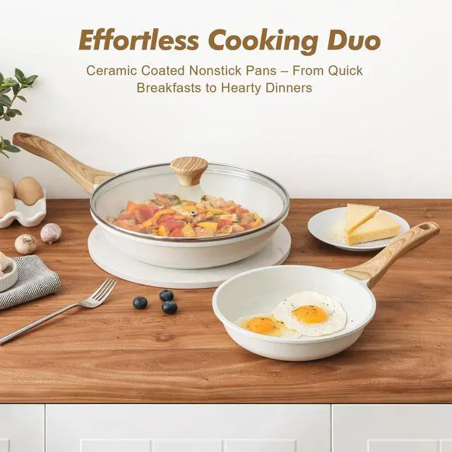 Alt view image 5 of 6 - Nonstick Frying Pan Skillets, White Ceramic Coating Omelette Pans, Healthy Cookware Chef's Pan, Free of PTFE & PFAS (8+11Inch with Lid)