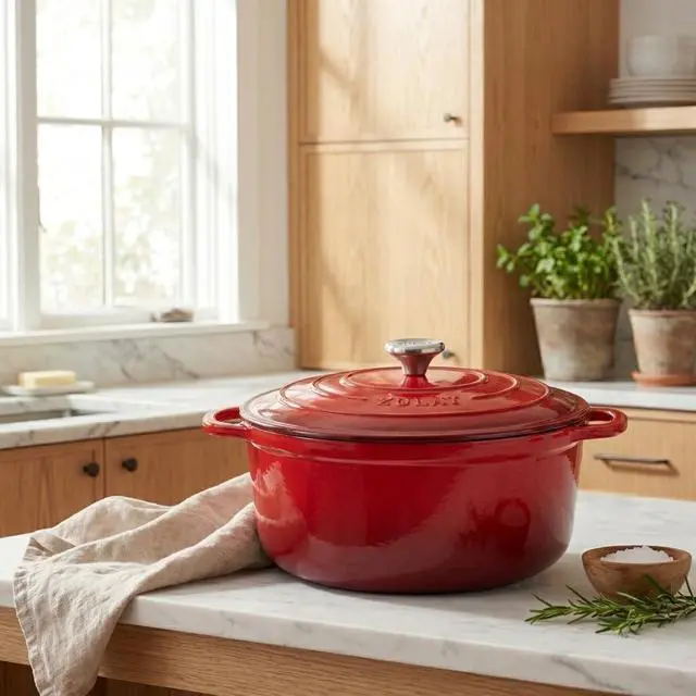 Alt view image 2 of 7 - 6.4QT Enameled Cast Iron Dutch Oven Pot with Lid, Heat Pad & Trivet, Heavy-Duty Soup Pot for Stews, Braising, Roasting & Sourdough Bread Baking, Oven Safe up to 500°F - Ablaze Red