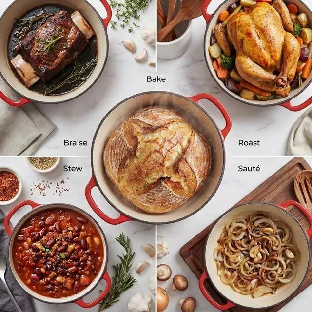 Alt view image 3 of 7 - 6.4QT Enameled Cast Iron Dutch Oven Pot with Lid, Heat Pad & Trivet, Heavy-Duty Soup Pot for Stews, Braising, Roasting & Sourdough Bread Baking, Oven Safe up to 500°F - Ablaze Red