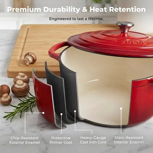 Alt view image 5 of 7 - 6.4QT Enameled Cast Iron Dutch Oven Pot with Lid, Heat Pad & Trivet, Heavy-Duty Soup Pot for Stews, Braising, Roasting & Sourdough Bread Baking, Oven Safe up to 500°F - Ablaze Red