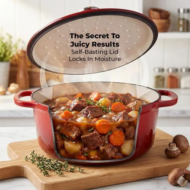 Alt view image 4 of 7 - 6.4QT Enameled Cast Iron Dutch Oven Pot with Lid, Heat Pad & Trivet, Heavy-Duty Soup Pot for Stews, Braising, Roasting & Sourdough Bread Baking, Oven Safe up to 500°F - Ablaze Red