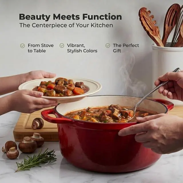 Alt view image 7 of 7 - 6.4QT Enameled Cast Iron Dutch Oven Pot with Lid, Heat Pad & Trivet, Heavy-Duty Soup Pot for Stews, Braising, Roasting & Sourdough Bread Baking, Oven Safe up to 500°F - Ablaze Red