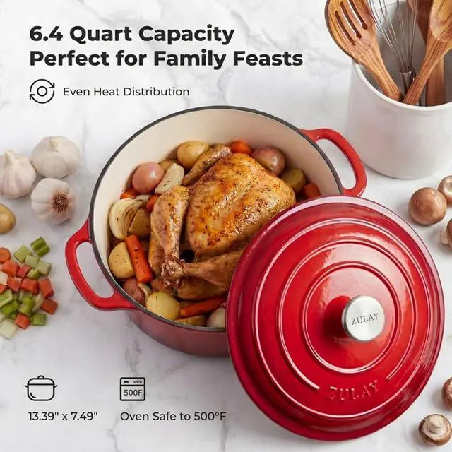 Alt view image 6 of 7 - 6.4QT Enameled Cast Iron Dutch Oven Pot with Lid, Heat Pad & Trivet, Heavy-Duty Soup Pot for Stews, Braising, Roasting & Sourdough Bread Baking, Oven Safe up to 500°F - Ablaze Red
