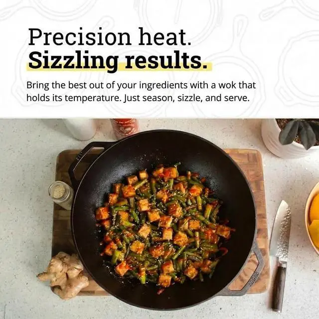Alt view image 3 of 6 - 14 Inch Cast Iron Wok with Dual Loop Handles PFAS FREE Pre-Seasoned Family Size Stir Fry Pan Stovetop & Oven Safe Heavy Duty High-Heat Retention Wok Made in USA