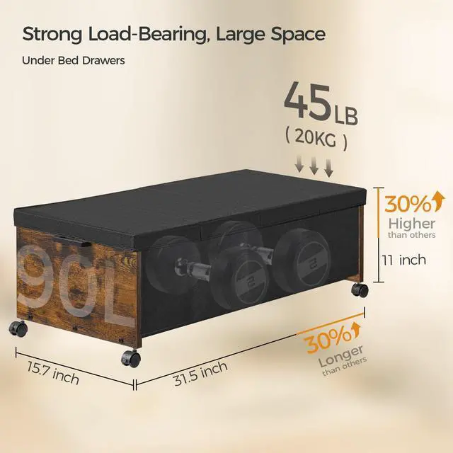 Alt view image 4 of 5 - Under Bed Drawers on Wheels, XXXXL Size, UnderBed Storage with Wheels, Wooden Under Bed Storage, Heavy Duty, Patented Design
