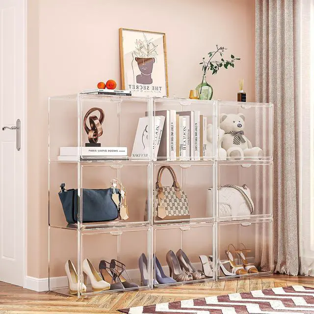 Alt view image 3 of 7 - 15.75''x11.81''x9.84'' XX-Large Clear Shoe Storage Boxes with Divider, Stackable Plastic Boot Boxes with Magnetic Door, Acrylic display case Box with Lids for Sneaker Purses Handbags Books (3)