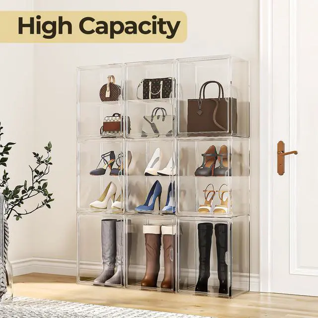 Alt view image 2 of 7 - 15.75''x11.81''x9.84'' XX-Large Clear Shoe Storage Boxes with Divider, Stackable Plastic Boot Boxes with Magnetic Door, Acrylic display case Box with Lids for Sneaker Purses Handbags Books (3)