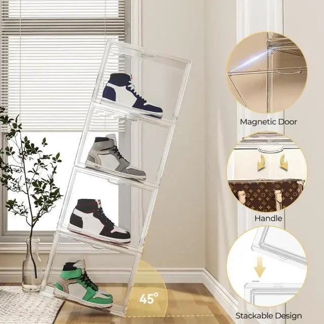 Alt view image 5 of 7 - 15.75''x11.81''x9.84'' XX-Large Clear Shoe Storage Boxes with Divider, Stackable Plastic Boot Boxes with Magnetic Door, Acrylic display case Box with Lids for Sneaker Purses Handbags Books (3)