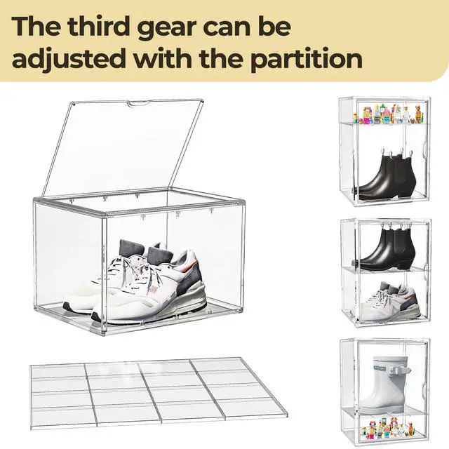 Alt view image 7 of 7 - 15.75''x11.81''x9.84'' XX-Large Clear Shoe Storage Boxes with Divider, Stackable Plastic Boot Boxes with Magnetic Door, Acrylic display case Box with Lids for Sneaker Purses Handbags Books (3)