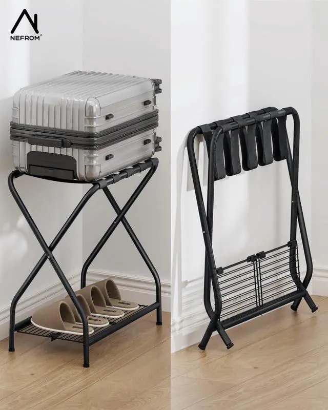 Alt view image 3 of 7 - Set of 2 Foldable Black Luggage Rack Stands with Storage Shelves Heavy Duty Metal Holders, 150 lbs Top, 50 lbs Bottom Each, Fits 20-28 Luggage Guest Room, Bedroom, Hotel LR-BK-2