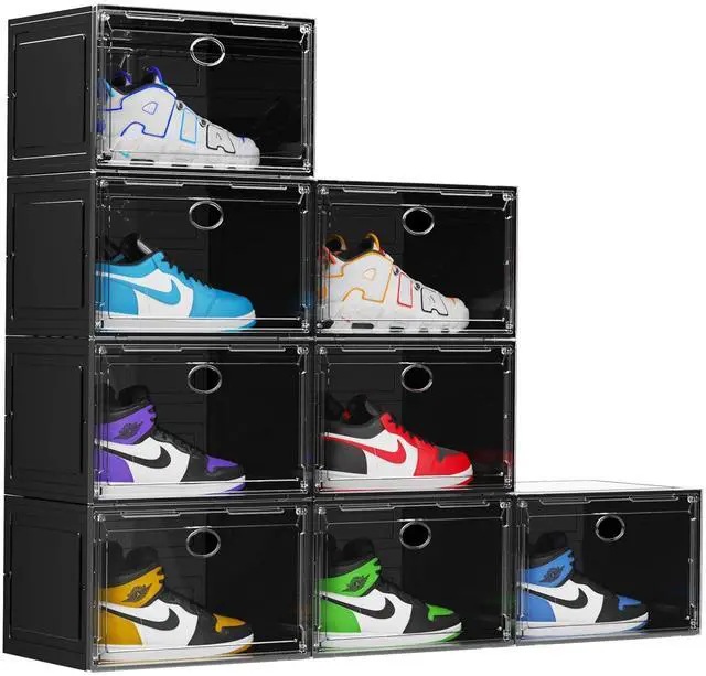 Main image of XL Shoe Storage Box Organizer, 8 Pack Shoe Boxes Clear Plastic Stackable, Sneaker Display Case Container Fit for US 13 (Side 8 PACK BLACK)