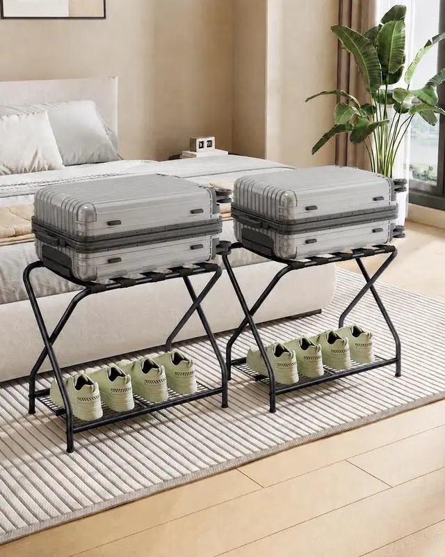 Main image of Set of 2 Foldable Black Luggage Rack Stands with Storage Shelves Heavy Duty Metal Holders, 150 lbs Top, 50 lbs Bottom Each, Fits 20-28 Luggage Guest Room, Bedroom, Hotel LR-BK-2