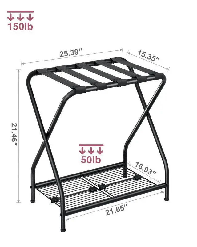 Alt view image 4 of 7 - Set of 2 Foldable Black Luggage Rack Stands with Storage Shelves Heavy Duty Metal Holders, 150 lbs Top, 50 lbs Bottom Each, Fits 20-28 Luggage Guest Room, Bedroom, Hotel LR-BK-2