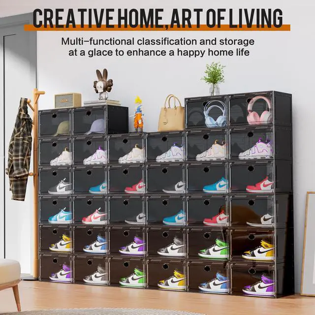 Alt view image 2 of 7 - XL Shoe Storage Box Organizer, 8 Pack Shoe Boxes Clear Plastic Stackable, Sneaker Display Case Container Fit for US 13 (Side 8 PACK BLACK)