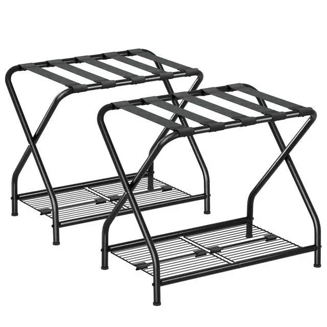 Alt view image 5 of 7 - Set of 2 Foldable Black Luggage Rack Stands with Storage Shelves Heavy Duty Metal Holders, 150 lbs Top, 50 lbs Bottom Each, Fits 20-28 Luggage Guest Room, Bedroom, Hotel LR-BK-2