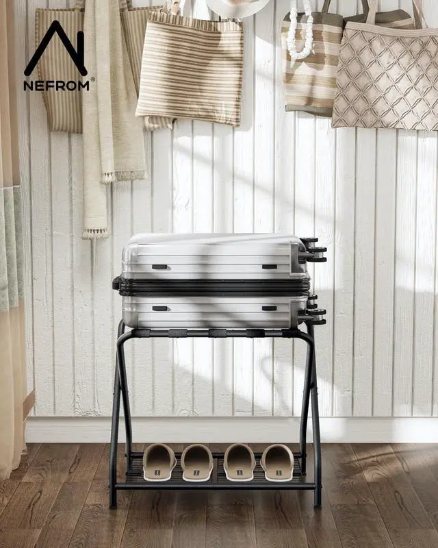 Alt view image 6 of 7 - Set of 2 Foldable Black Luggage Rack Stands with Storage Shelves Heavy Duty Metal Holders, 150 lbs Top, 50 lbs Bottom Each, Fits 20-28 Luggage Guest Room, Bedroom, Hotel LR-BK-2