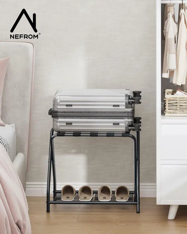 Alt view image 7 of 7 - Set of 2 Foldable Black Luggage Rack Stands with Storage Shelves Heavy Duty Metal Holders, 150 lbs Top, 50 lbs Bottom Each, Fits 20-28 Luggage Guest Room, Bedroom, Hotel LR-BK-2