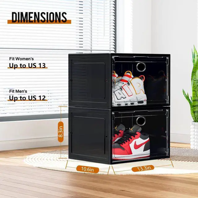 Alt view image 4 of 7 - XL Shoe Storage Box Organizer, 8 Pack Shoe Boxes Clear Plastic Stackable, Sneaker Display Case Container Fit for US 13 (Side 8 PACK BLACK)