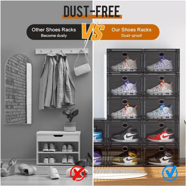 Alt view image 6 of 7 - XL Shoe Storage Box Organizer, 8 Pack Shoe Boxes Clear Plastic Stackable, Sneaker Display Case Container Fit for US 13 (Side 8 PACK BLACK)