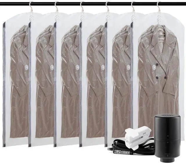 Main image of Hanging Vacuum Sealer Suction Space Saver Storage Bags for Clothes Travel with Electric Air Pump And Rolling Slide Clip for Coats, Closet Organizers, 6 Long