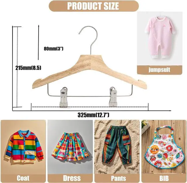 Alt view image 6 of 7 - Natural 12.7" Ultra-Thin Wooden Children Closet Clothes Clips Hangers 20PCS Wood Baby Kids Coat Hangers for Infant Toddler Newborn Jumpsuit Pants Skirts Jeans Space Saving Heavy Duty Durable