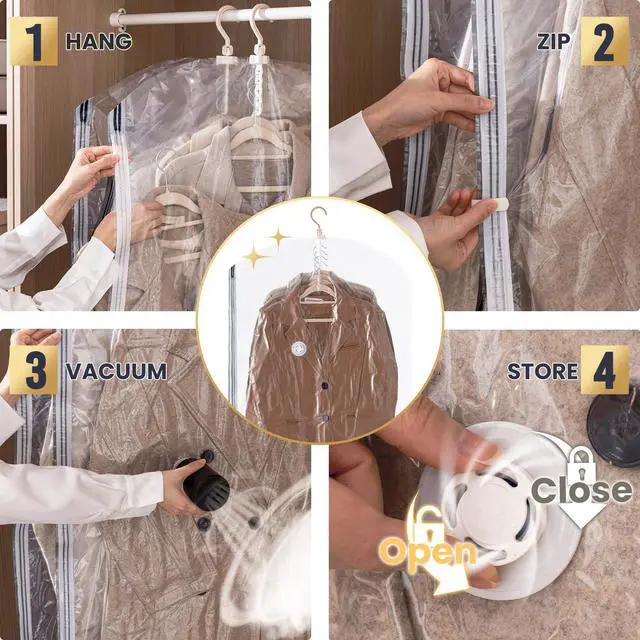 Alt view image 6 of 7 - Hanging Vacuum Sealer Suction Space Saver Storage Bags for Clothes Travel with Electric Air Pump And Rolling Slide Clip for Coats, Closet Organizers, 6 Long