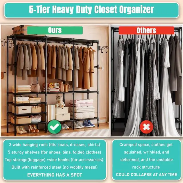 Alt view image 3 of 7 - Portable Closet,Free Standing Clothes Rack,Clothes Storage Closet,Closet Racks for Hanging Clothes for Hanging Clothes with 4 Hooks,63" L X 14" W X 67" H,Easy to Assembly