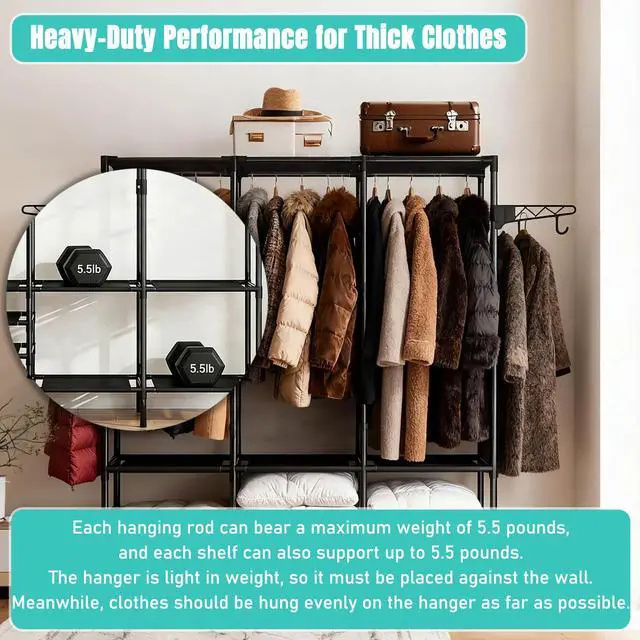 Alt view image 5 of 7 - Portable Closet,Free Standing Clothes Rack,Clothes Storage Closet,Closet Racks for Hanging Clothes for Hanging Clothes with 4 Hooks,63" L X 14" W X 67" H,Easy to Assembly