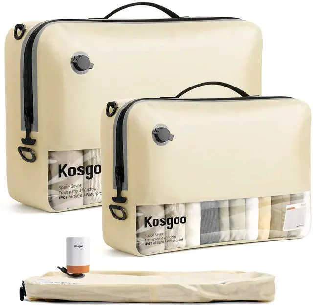 Main image of Vacuum Compression Packing Bags for Travel, Reusable Nylon Vacuum Bags with Pump, Expandable Luggage Organizer Set for Carry-On Suitcase Organizer (2 Pack with Pump, Beige)