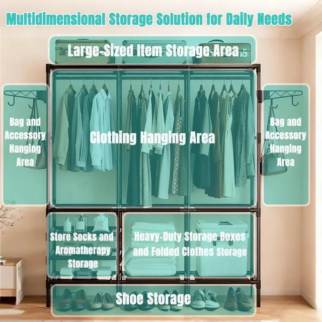 Alt view image 7 of 7 - Portable Closet,Free Standing Clothes Rack,Clothes Storage Closet,Closet Racks for Hanging Clothes for Hanging Clothes with 4 Hooks,63" L X 14" W X 67" H,Easy to Assembly