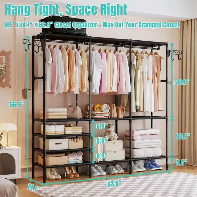 Alt view image 2 of 7 - Portable Closet,Free Standing Clothes Rack,Clothes Storage Closet,Closet Racks for Hanging Clothes for Hanging Clothes with 4 Hooks,63" L X 14" W X 67" H,Easy to Assembly