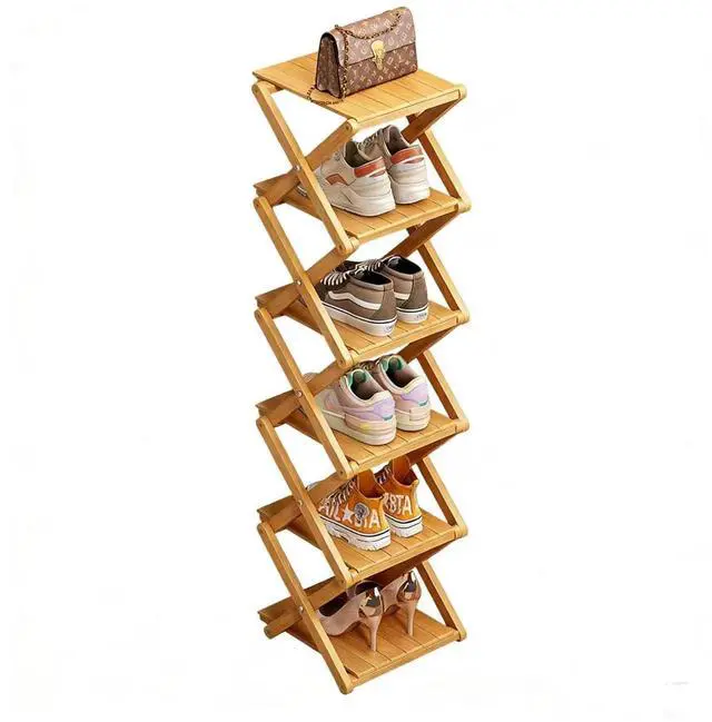 Main image of Bamboo Shoe Rack - No Assembly Required, Tall Narrow Foldable Shoe Organizer, Space-Saving Multifunctional Shelf for Entryways, Corners, Bedrooms, Balconies, 6 Layer(Reinforced and Thickened)