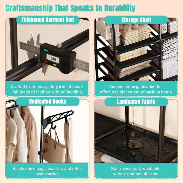 Alt view image 4 of 7 - Portable Closet,Free Standing Clothes Rack,Clothes Storage Closet,Closet Racks for Hanging Clothes for Hanging Clothes with 4 Hooks,63" L X 14" W X 67" H,Easy to Assembly