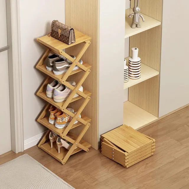 Alt view image 3 of 7 - Bamboo Shoe Rack - No Assembly Required, Tall Narrow Foldable Shoe Organizer, Space-Saving Multifunctional Shelf for Entryways, Corners, Bedrooms, Balconies, 6 Layer(Reinforced and Thickened)