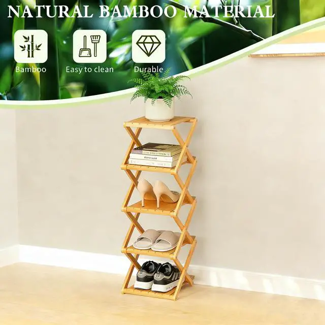 Alt view image 4 of 7 - Bamboo Shoe Rack - No Assembly Required, Tall Narrow Foldable Shoe Organizer, Space-Saving Multifunctional Shelf for Entryways, Corners, Bedrooms, Balconies, 6 Layer(Reinforced and Thickened)