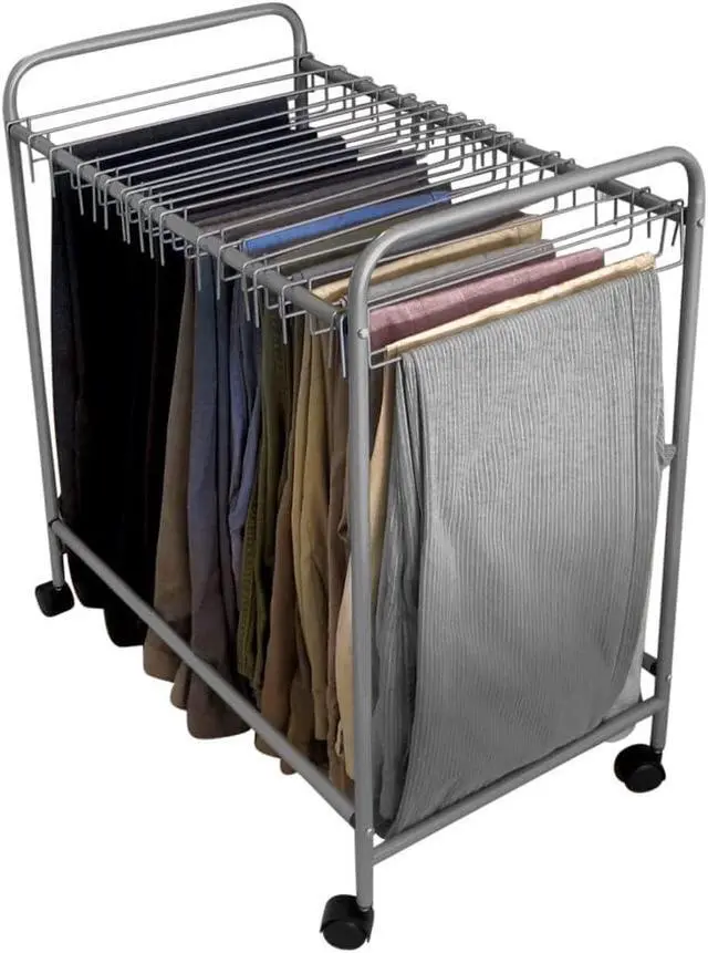 Alt view image 2 of 7 - Pants Rack with 20 Pants Hangers Rolling Trolley Cart - Skirt Hangers, Jean Organizer for Closet