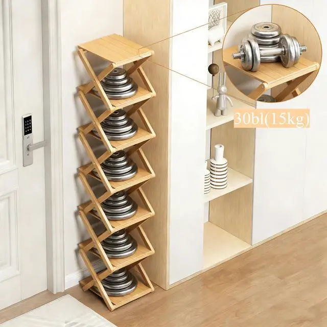 Alt view image 5 of 7 - Bamboo Shoe Rack - No Assembly Required, Tall Narrow Foldable Shoe Organizer, Space-Saving Multifunctional Shelf for Entryways, Corners, Bedrooms, Balconies, 6 Layer(Reinforced and Thickened)