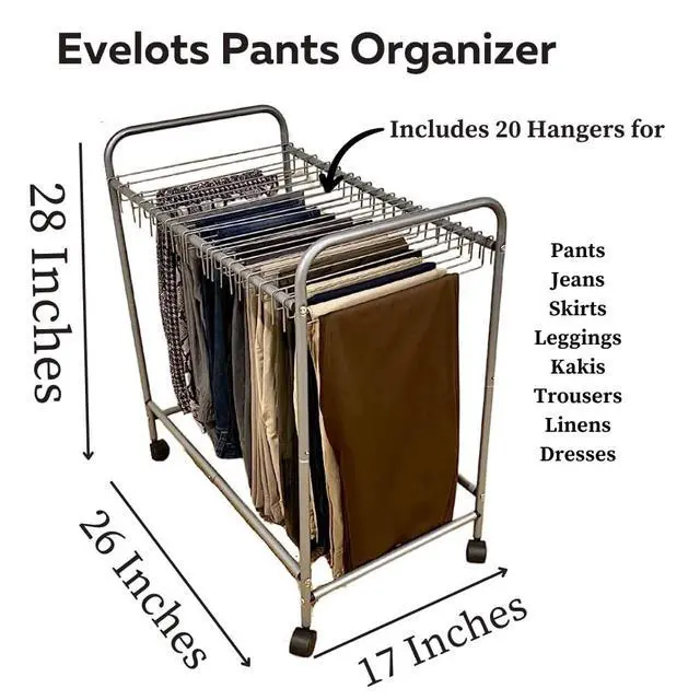 Alt view image 3 of 7 - Pants Rack with 20 Pants Hangers Rolling Trolley Cart - Skirt Hangers, Jean Organizer for Closet