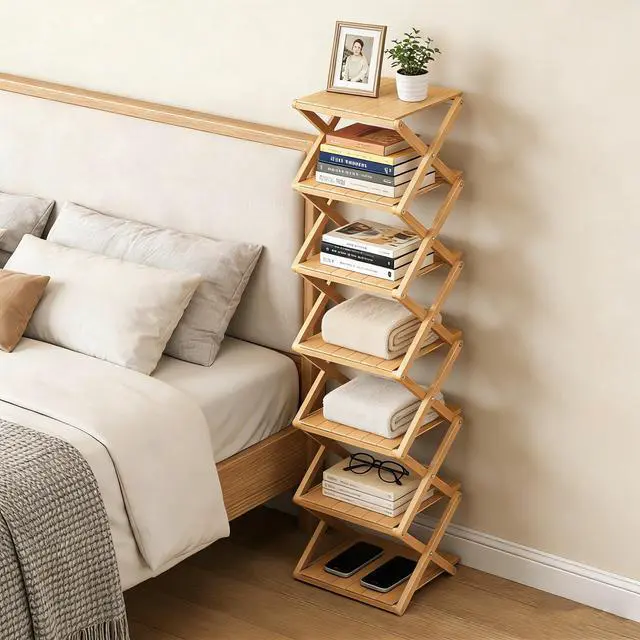 Alt view image 6 of 7 - Bamboo Shoe Rack - No Assembly Required, Tall Narrow Foldable Shoe Organizer, Space-Saving Multifunctional Shelf for Entryways, Corners, Bedrooms, Balconies, 6 Layer(Reinforced and Thickened)
