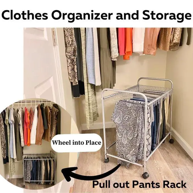 Alt view image 4 of 7 - Pants Rack with 20 Pants Hangers Rolling Trolley Cart - Skirt Hangers, Jean Organizer for Closet