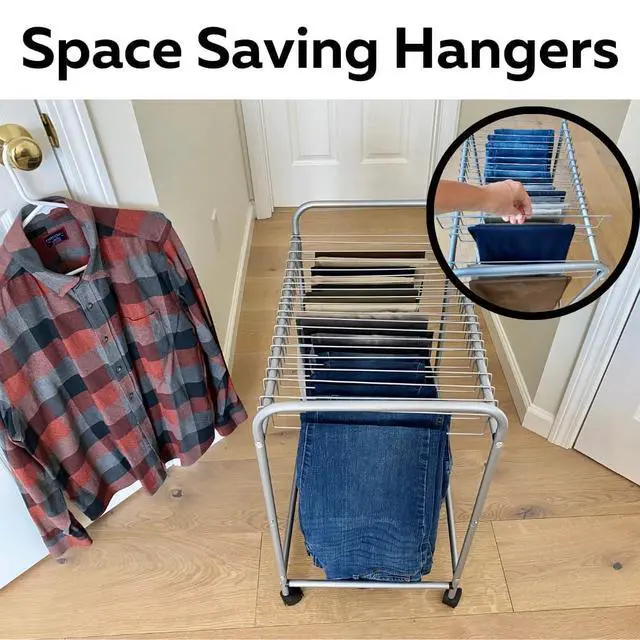 Alt view image 7 of 7 - Pants Rack with 20 Pants Hangers Rolling Trolley Cart - Skirt Hangers, Jean Organizer for Closet