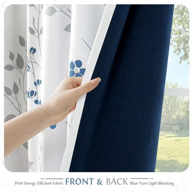 Alt view image 3 of 7 - Floral 100% Blackout Curtains 72 Inches Long 2 Panels for Bedroom Living Room Blue Grey and White Flower Patterned Room Darkening Thermal Soundproof Grommet Window Treatments Drapes, 52X72