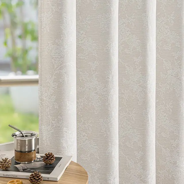 Main image of Beige Floral Jacquard Blackout Curtains 96 Inches Long for Bedroom, Scroll Flower Chenille Farmhouse Curtains for Living Room Darkening Thermal Insulated Grommet Window Drapes 2 Panels
