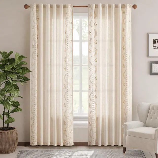 Alt view image 3 of 7 - Belrose Linen Curtains for Bedroom Floral Curtains 84 Inch Length Linen Blend Beige Embroidered Drapes Farmhouse Flower Patterned Drapes for Living Room Window Treatments Set 2 Panels