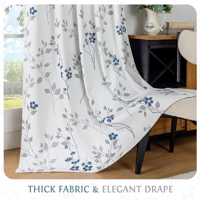 Alt view image 4 of 7 - Floral 100% Blackout Curtains 72 Inches Long 2 Panels for Bedroom Living Room Blue Grey and White Flower Patterned Room Darkening Thermal Soundproof Grommet Window Treatments Drapes, 52X72