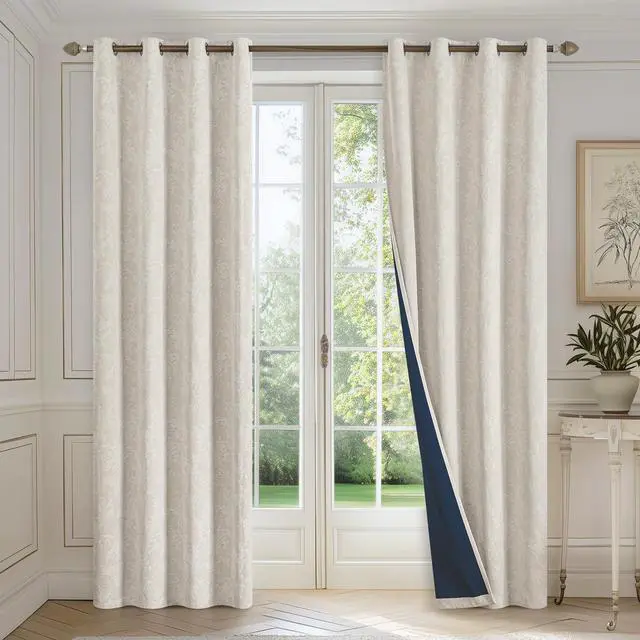 Alt view image 2 of 7 - Beige Floral Jacquard Blackout Curtains 96 Inches Long for Bedroom, Scroll Flower Chenille Farmhouse Curtains for Living Room Darkening Thermal Insulated Grommet Window Drapes 2 Panels